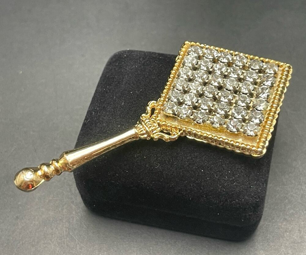 Vintage 3.5" Lipstick Hand Mirror Prong Set Crystal Jeweled Gold Tone Metal MCM